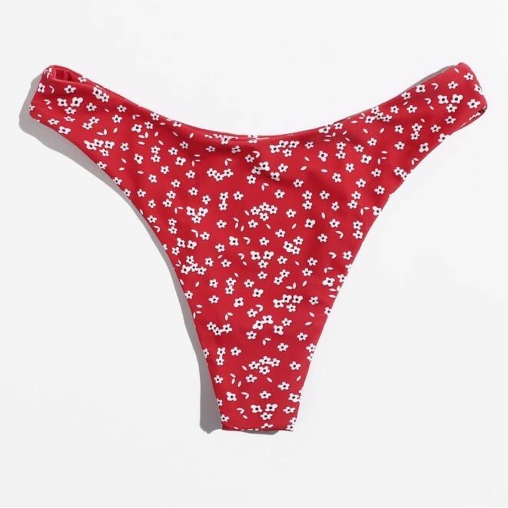Women's Reversible Bikini Bottom Red White Ditsy Floral High Cut High Waist